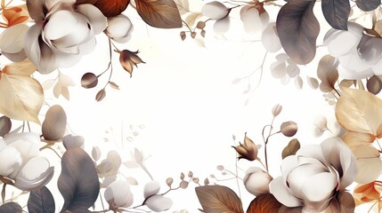 Cotton flowers border frame on white background, illustration with double exposure