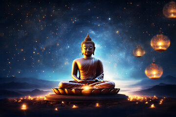 Front face meditating golden Buddha statue in the cosmic night background.