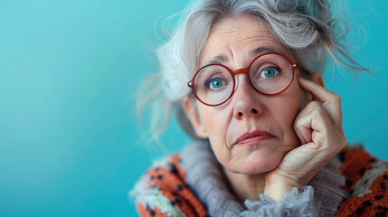 Retrato de una mujer mayor con cara de aburrimiento, escepticismo, duda o incredulidad sobre un fondo azul liso - obrazy, fototapety, plakaty