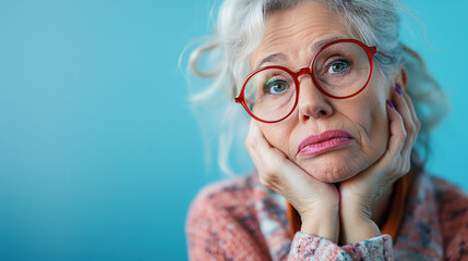 Retrato de una mujer mayor con cara de aburrimiento, escepticismo, duda o incredulidad sobre un fondo azul liso