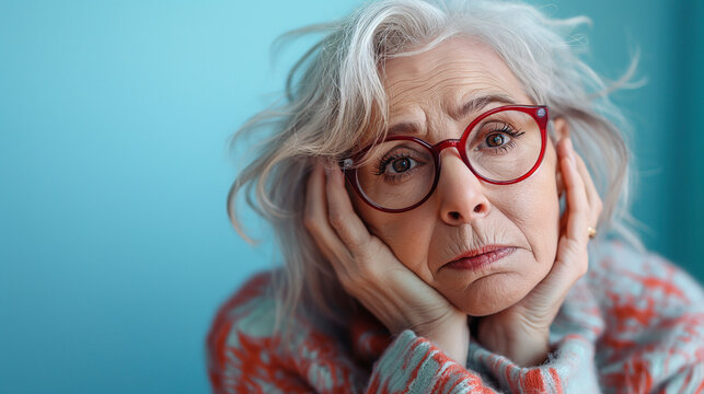 Retrato de una mujer mayor con cara de aburrimiento, escepticismo, duda o incredulidad sobre un fondo azul liso