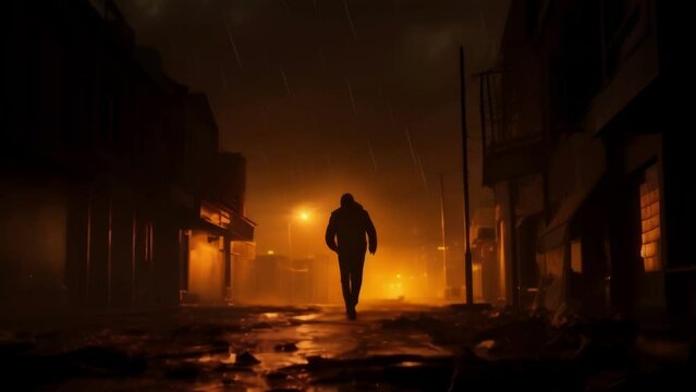 A dramatic long shot of a man running through a deserted urban street his dark figure illuminated by a sole street light.