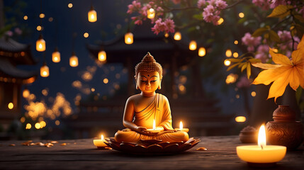 Meditating Buddha statue in a Japanese-style background with an illuminated candle and lanterns.