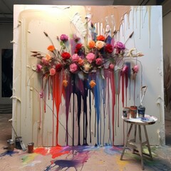 Abstract Floral Art with Vivid Paint Drips on Canvas?