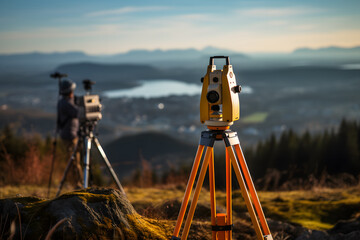 Surveyors working with digital level and tablet in the field. World Surveyors Day. - obrazy, fototapety, plakaty