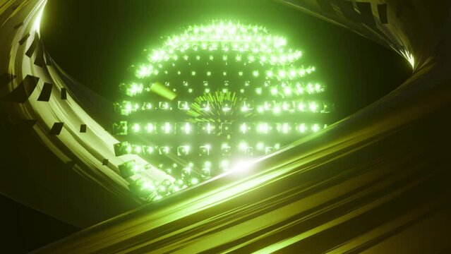 Psychedelic abstract bright disco ball spinning seamless. Glowing gold colors. Seamless loop background. Dance party. 3d render for music performance. Seamless VJ loop animation