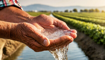 Closeup of two wrinkled hands (cupped hands full of fresh water) of a farmer holding fresh water. Concept of water scarcity, drought or water conservation. Generative Ai.