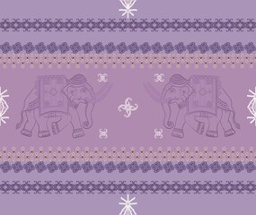 Thai elephant on purple graphic background,concept for element design,elephant pattern pants design. Seamless Thai patterns for fabrics printed, Ikat elephant pants in traditional thai ethnic pattern.