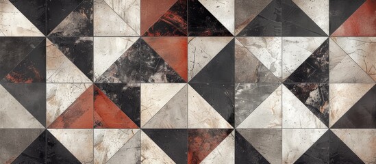 A detailed closeup of a geometric pattern of brown triangles creating symmetry on a wall, resembling a piece of artistic flooring
