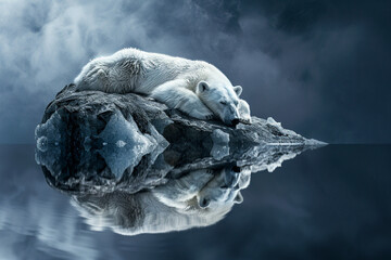 Illustration, a polar bear sleeps on an iceberg, unusual nature. Large animals of the North Pole. - obrazy, fototapety, plakaty