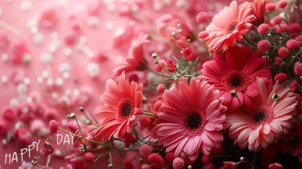 Foto op Plexiglas Vibrant gerbera flowers with a happy day message for a cheerful celebration. Festive and colorful floral arrangement of pink and red gerberas for a joyful greeting. © Irina.Pl