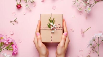 Hands presenting a handmade gift with delicate spring flowers and craft packaging. The tender act of giving captured in a simple yet elegant floral gift box. - obrazy, fototapety, plakaty