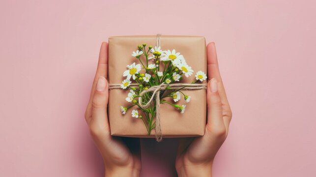 Giving a handmade gift wrapped with eco-friendly paper and adorned with daisies. Hands displaying a charmingly wrapped present with spring daisies and twine on a pink background.