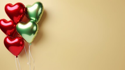 Red and green heart-shaped balloons against a golden background for a love celebration. Glossy helium balloons in heart shapes for festive decoration on valentine's day.