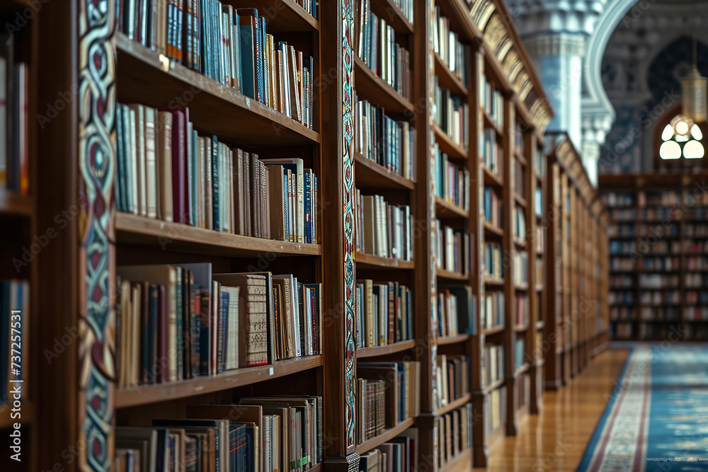 Sticker A mosque's library filled with Islamic literature