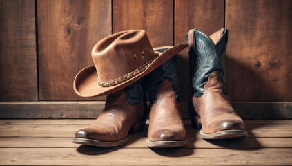 Wild West retro cowboy hat and pair of old leather boots. AI generated