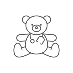 Toy medical icon. Simple outline style. Health, hospital, kid, medicine, bear with stethoscope concept. Thin line symbol. Vector illustration isolated. Editable stroke.