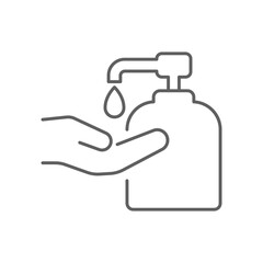 Liquid hand soap icon. Simple outline style. Hand washing, gel, disinfect, antibacterial, bottle, dispenser, clean concept. Thin line symbol. Vector illustration isolated. Editable stroke.