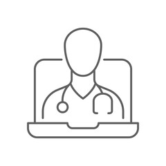 Telemedicine icon. Simple outline style. Telehealth virtual visit, video visit with male doctor on laptop computer, healthcare concept. Thin line symbol. Vector illustration isolated. Editable stroke.