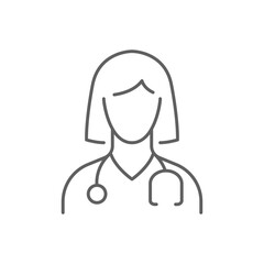 Doctor icon. Simple outline style. Medic, physician, professional, medicine, lady, woman, female, stethoscope, health concept. Thin line symbol. Vector illustration isolated. Editable stroke.