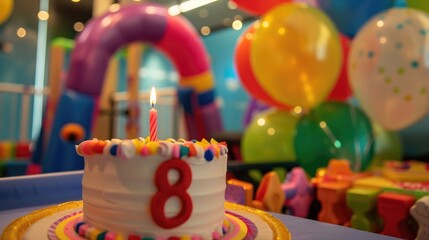 Fototapeta na wymiar Chocolate children's birthday cake with the number 8 candle in the background is a children's playroom birthday
