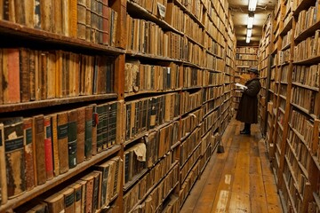 labyrinth like archives with floor to ceiling shelves full of books and ledgers - obrazy, fototapety, plakaty