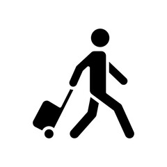 Traveler man icon. Simple solid style. Passenger pulling rolling bag, business trip, vacation, tourism concept. Black silhouette, glyph symbol. Vector illustration isolated.