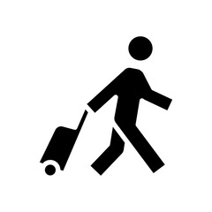 Traveler man icon. Simple solid style. Passenger pulling rolling bag, business trip, vacation, tourism concept. Black silhouette, glyph symbol. Vector illustration isolated.