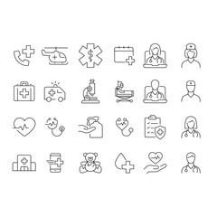 Hospital and medical care icon set. Simple outline style. Health, hospital, medical, doctor, patient, nurse, healthcare concept. Thin line symbol. Vector illustration isolated.