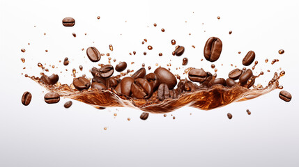 Fototapeta premium splashing coffee with coffee beans, isolated on white background, 3d rendering