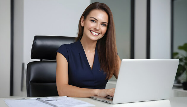 A professional scene unfolds as a smiling businesswoman exudes confidence and focus while seated in her office, seamlessly navigating her laptop to tackle tasks with efficiency and poise