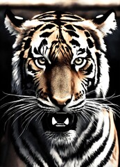 white tiger head Tiger face, unreal engine render,8k, black and white, realism, digital art, high contrast, full head.Portrait of a tiger on black background