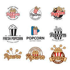 Set of Popcorn logo badge with illustration of popcorn in bucket isolated on white background