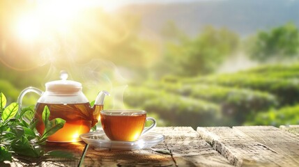 a cup of green tea and a teapot on wooden table outdoors with tea plantations on the background, International Tea Day banner with free copy space