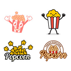 Set of Popcorn logo badge with illustration of popcorn in bucket isolated on white background