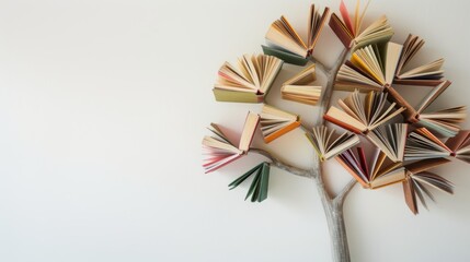Literacy concept, tree with books like leaves on white background