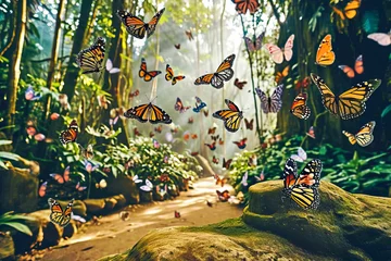 Tuinposter Colorful butterflies in a jungle landscape © FrankBoston