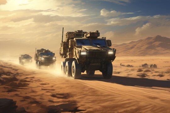 A military convoy traversing a barren desert