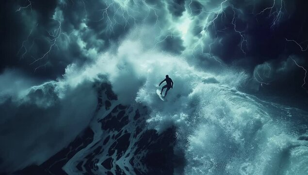 In challenging weather conditions, a bold surfer tackles high waves with determination, demonstrating exceptional skills in the face of extreme challenges