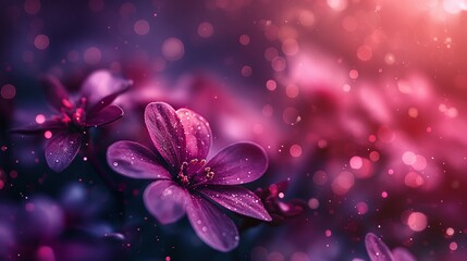Purple spring floral banner for 8 march, mother's day with bokeh copy space for text. Floral background with soft selective focus. Generative AI.