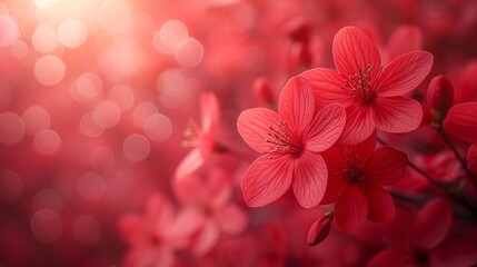 Red spring floral banner for 8 march, mother's day  with bokeh copy space for text. Floral background with soft selective focus. Generative AI.