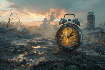 a somber post-apocalyptic landscape where a solitary intact clock face stands amidst the fallout of...