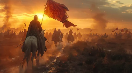 Foto op Plexiglas an epic medieval battle scene at dawn with the first light illuminating a vast battlefield Armored knights on horseback charge towards enemy lines with archers readying their bows in © Atchariya63