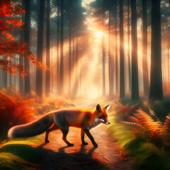 A Realistic Image of a Red Fox with a Bushy Tail in the Forest