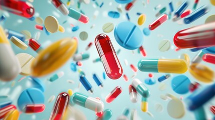 Flying pills and medicine capsules in pharmacy concept with antidepressant and vitamin theme - obrazy, fototapety, plakaty