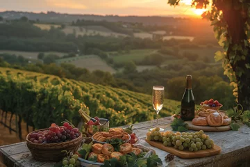 Fotobehang At dawn a hot air balloon ascends for a champagne breakfast experience above lush vineyards The basket is elegantly set with a sumptuous breakfast spread including freshly baked © Atchariya63