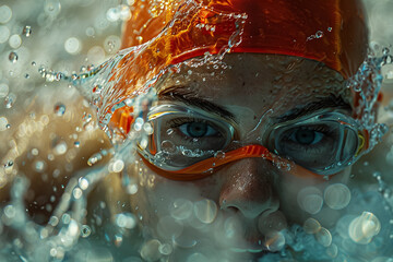 Capture the dynamic energy and splashes of a competitive swim meet in full swing at an sport pool Swimmers in vibrant caps and suits slice through the water their efforts traced by