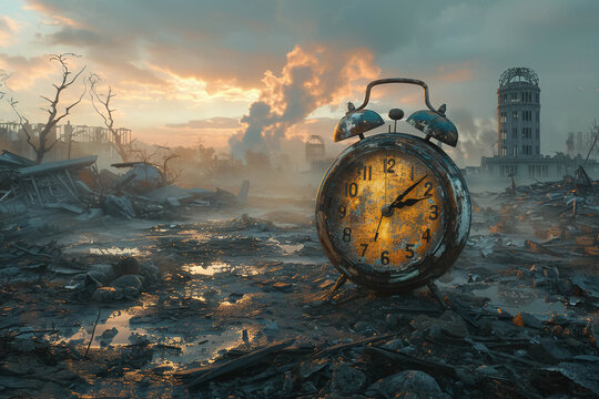 a somber post-apocalyptic landscape where a solitary intact clock face stands amidst the fallout of a hydrogen bomb detonation The clock still ticking symbolizes the enduring