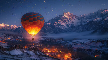 Under a canopy of stars a hot air balloon provides an intimate supper setting for two offering panoramic views of snow-capped mountains The gourmet meal is illuminated by soft