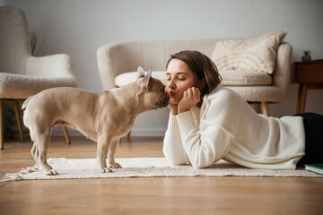 Looking at each other, lying down on floor. Young woman is with her pug dog at home